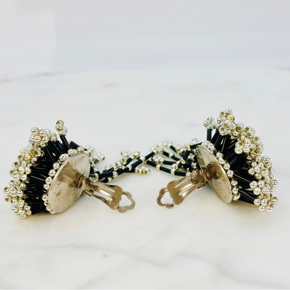 Vintage 80s Firecracker Clip On Earrings Runway Statement Dangle Black Silver - Picture 7 of 8